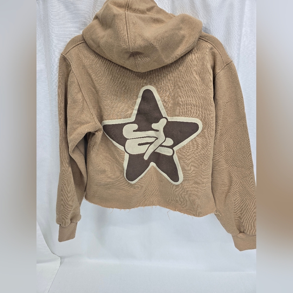 Neutral Brown Graphic Cropped Hoodie - Picture 2 of 5